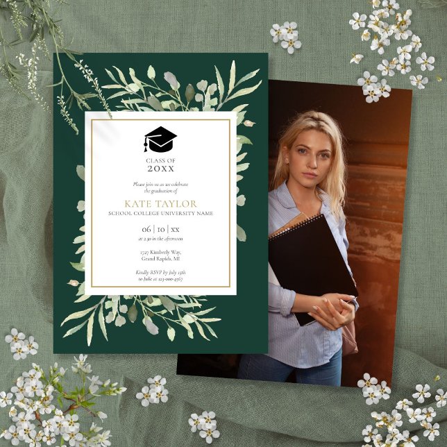 Elegant smaragdgrön krans fotofest för examen inbjudningar (Elegant Emerald Greenery Photo Graduation Party Invitation)