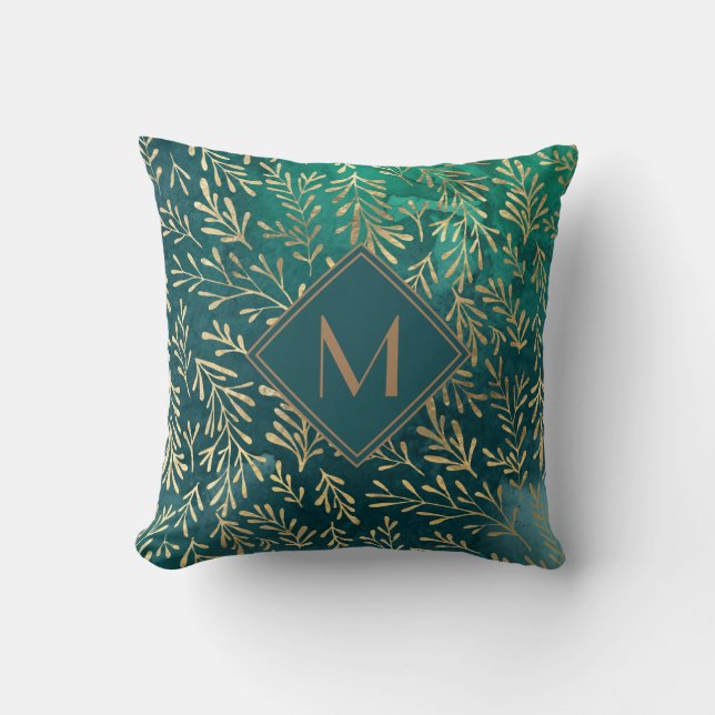 Elegant smaragdgrön med guldbladmonogram kudde (Framsida)