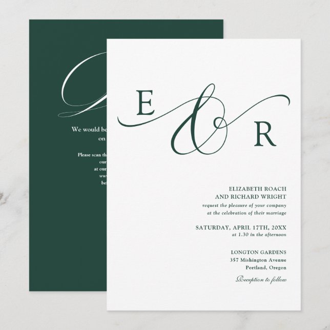 Elegant Smaragdgrön Monogram QR-kod Bröllop Inbjudningar (Fram/baksida)