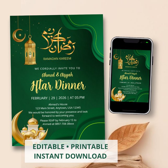 Elegant smaragdgrön och guld Iftar Ramadan Inbjudningar (Skapare uppladdad)