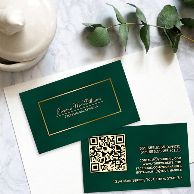 Elegant smaragdgrön och guld professionell QR-kod Visitkort (Front and Back)