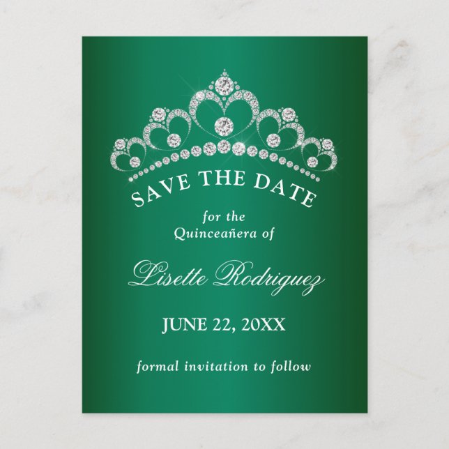 Elegant smaragdgrön Quinceanera Save The Date Vykort (Framsida)