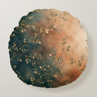 Elegant Smaragdgrön Teal & Rost Guld Botanisk Kast Rund Kudde