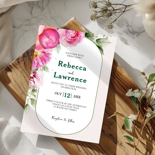 Elegant smart rosa botaniskt bröllopsinbjudan inbjudningar (Skapare uppladdad)