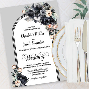 Elegant Smokey Black Blommigt Grått Arch Bröllop Inbjudningar