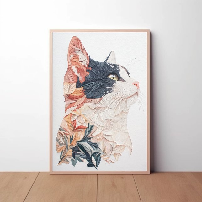 Elegant Smokingkatt med Bladmönster – Papperskonst Poster (Skapare uppladdad)