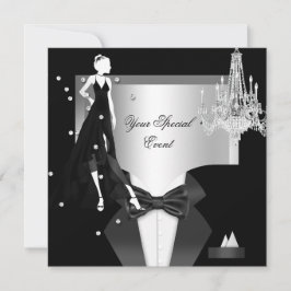 Elegant Smokingklänning Silver Vit Svart Fest Inbjudningar