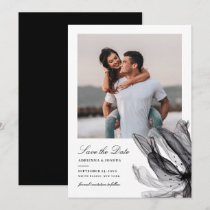 Elegant Smoky Blommigt Black White Photo Bröllop Spara Datumet