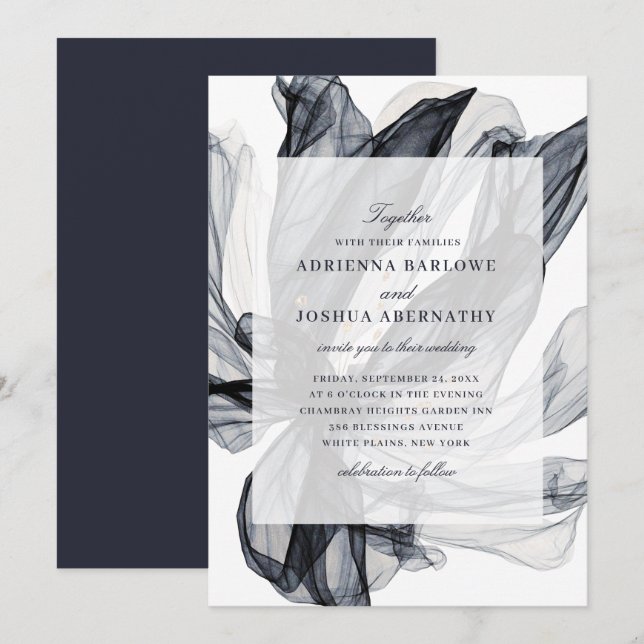 Elegant Smoky Blommigt Navy Bröllop Inbjudningar (Fram/baksida)