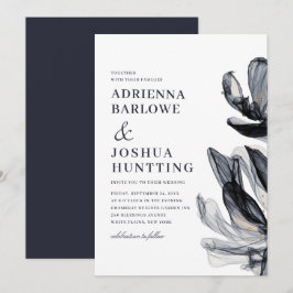 Elegant Smoky Flowers Side Text Navy Bröllop Inbjudningar