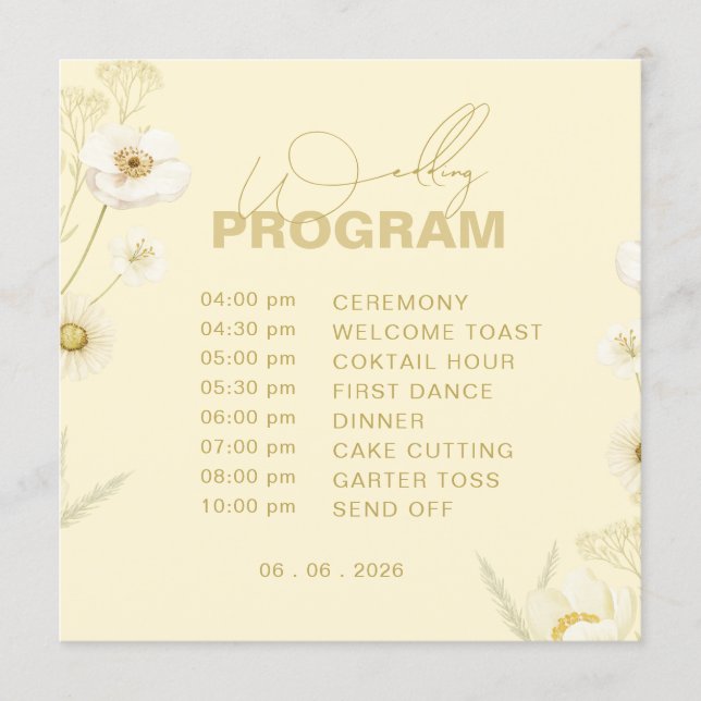 Elegant smörgul botanisk bröllopsinbjudan  program (Framsida)