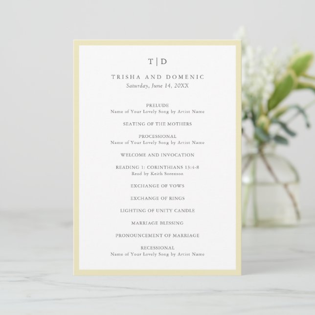 Elegant smörgul monogram modern bröllopsfest program (Stående Fram)