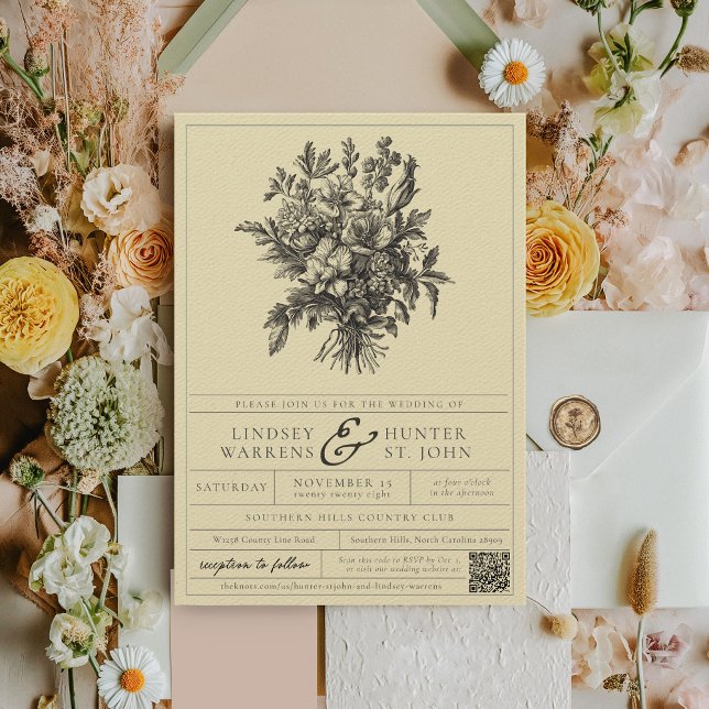 Elegant smörgul vintage blomlabel svunna bröllop inbjudningar (Unique butter yellow and black vintage floral bouquet elegant botanical garden QR wedding invitation)