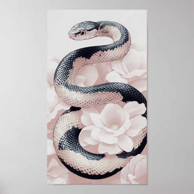 Elegant Snake Coiled Amidst Soft Blooming Flowers Poster (Framsidan)