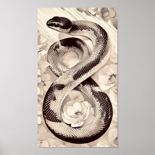 Elegant Snake Coiled Amidst Soft Blooming Flowers Poster (Framsidan)