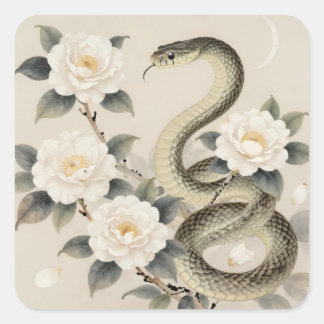 Elegant Snake Moon Floral Square Sticker Fyrkantigt Klistermärke