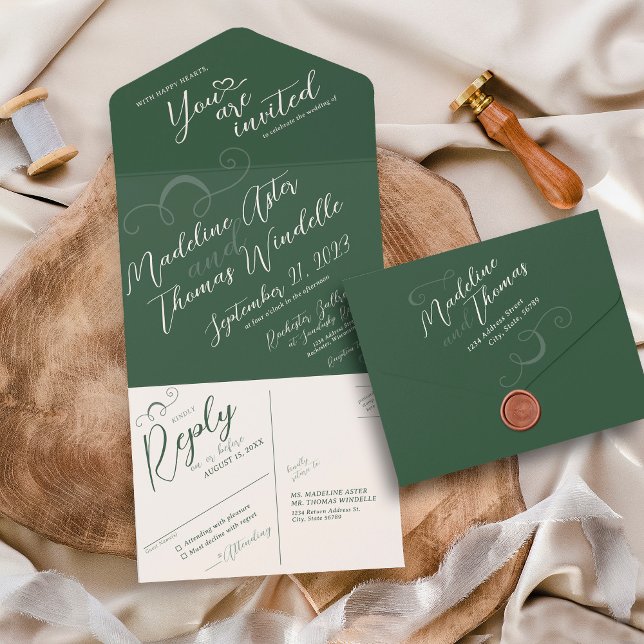 Elegant Snedant Mörk Moss Grönt Bröllop (Elegant classic slant script all in one dark moss emerald green wedding invitation, rsvp postcard)