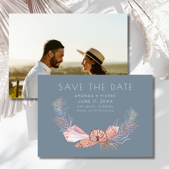 Elegant Snigelskal Foto Strand Bröllop Spara Datum Datumet (Elegant Seashell Photo Beach Wedding Save the Date)
