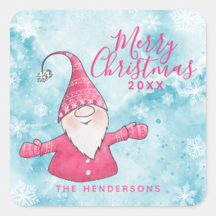 Elegant Snöblått och Rosa Gnome God jul Fyrkantigt Klistermärke