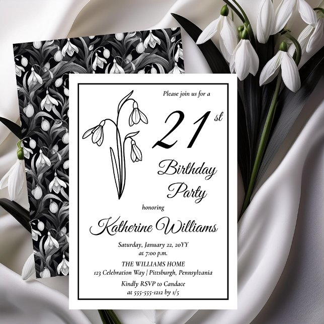 Elegant Snödroppar 21:a födelsedag Party Inbjudningar (Elegant January Birth Month Snowdrops Floral "21st Birthday Party" Invitations -- Print | Download)