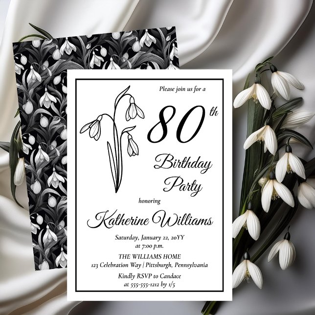 Elegant Snödroppar 80:e Födelsedagsfesten Inbjudningar (Elegant January Birth Month Snowdrops Floral "80th Birthday Party" Invitations -- Print | Download)