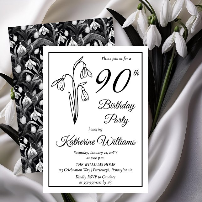 Elegant Snödroppar 90:e Födelsedagsfest Inbjudningar (Elegant January Birth Month Snowdrops Floral "90th Birthday Party" Invitations -- Print | Download)