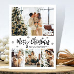 Elegant Snöflake 4 Photo Collage jul Julkort<br><div class="desc">Elegant, Modern Black and White 4 Photo Collage God jul Script Helgdag Card. Den här festiva, imimalistiska, vimistiska 4 (4) fotokortsmallen innehåller en söt fotokollage, en snöflake och säger God jul! Texten "God jul" hälsning är skriven med ett vackert, svart, stavat typsnitt på vit färg-bakgrund. På motsatt sida med hälsning-textmallen...</div>