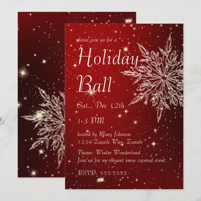 Elegant Snöflake i Röda Boll Inbjudningar (Fram/baksida)