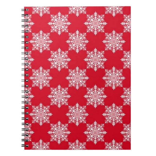 Elegant Snöflake Mönster Red and White Notebook Anteckningsbok Med Spiral (Framsidan)