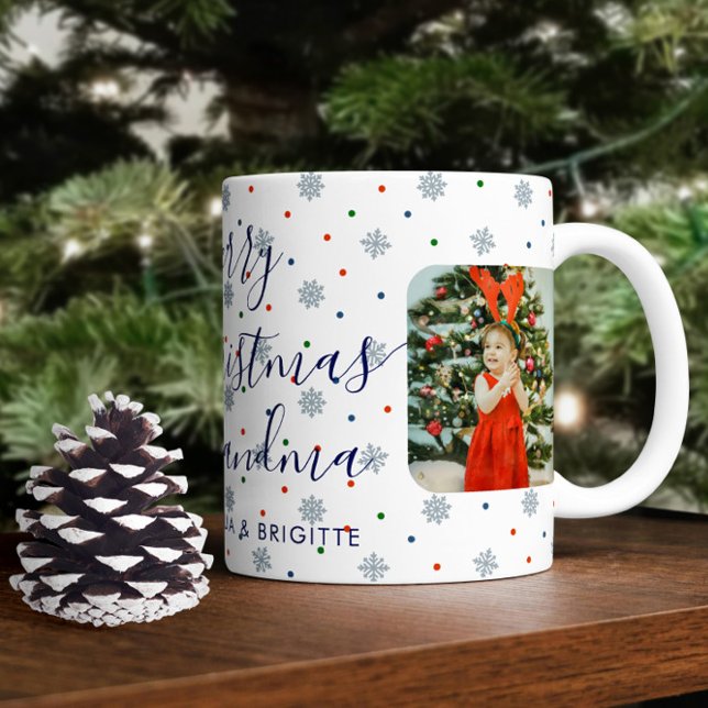 Elegant Snöflingor God jul-foto Kaffemugg (Christmas photo mug with snowflakes and custom text)