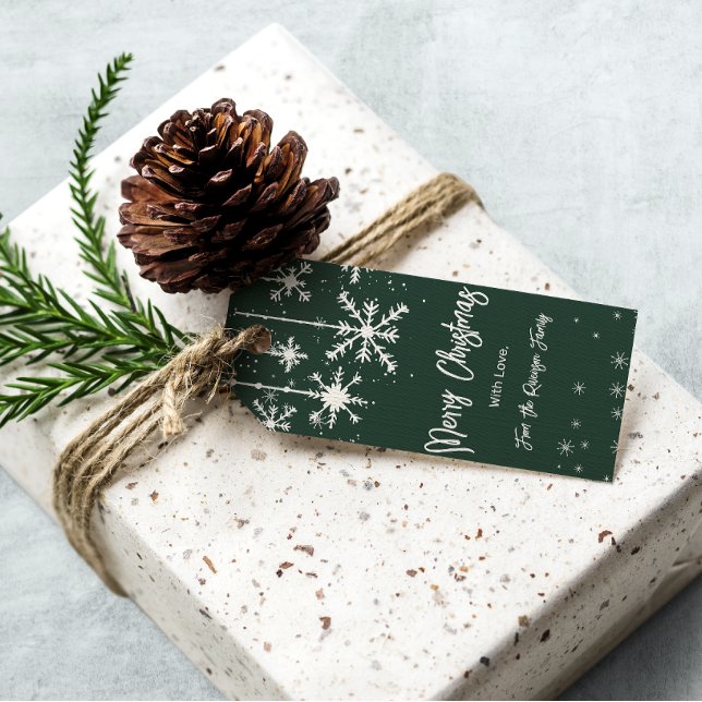 Elegant snöflingor grönt god jul presentetikett (White snowflakes elegant green merry christmas gift tags)