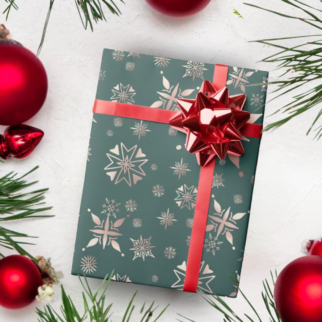 Elegant Snöflingor Grönt Helgdag Presentpapper (Skapare uppladdad)