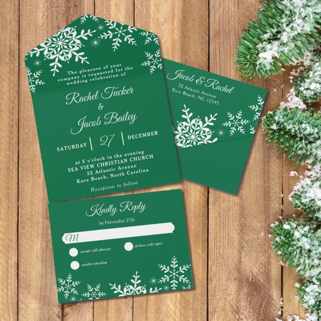Elegant Snöflingor Grönt Vintervinter-bröllop i  (Snowflakes on green All-in-0ne Seal and Send Wedding Invitation)