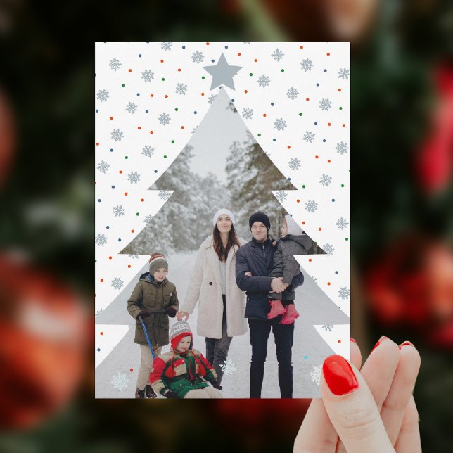 Elegant snöflingor julgran fotot (Elegant snowflake personalized Christmas photo card with snow and colourful polka dots)
