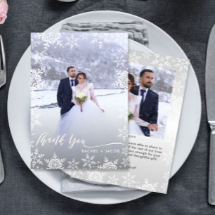 Elegant Snöflingor och 2-fotofotovinter-bröllop Tack Kort