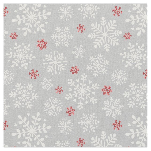 Elegant Snöflingor vit och röd på silver grått Tyg (Närbild)