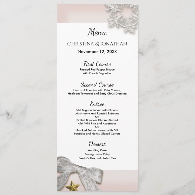 Elegant Snöflingor Winter Wedding Menu Meny (Framsida)