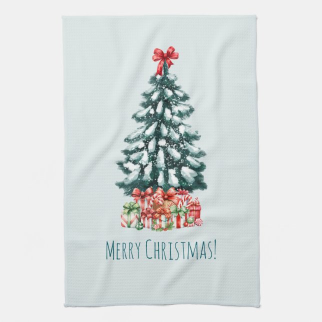 Elegant snöig julgran kökshandduk (Vertikal)