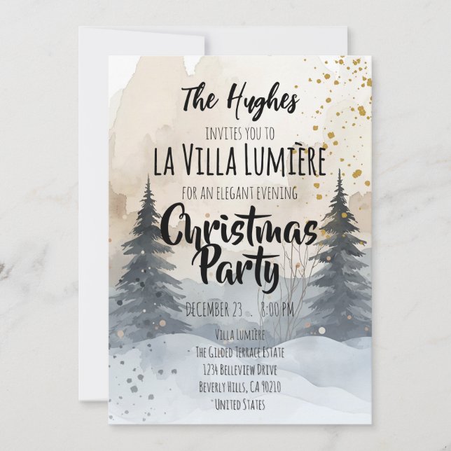 Elegant snöig kulle tall vinter julfest  inbjudningar (Framsida)