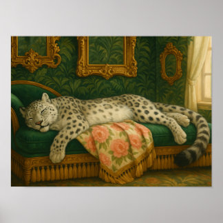 Elegant snöleopard som sover på lyxig chäselong poster