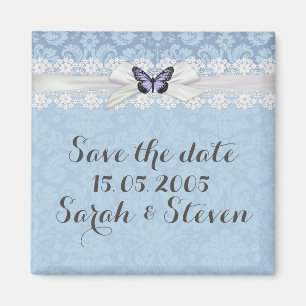 Elegant Snöre Blue Butterfly Damask Spara datum Magnet