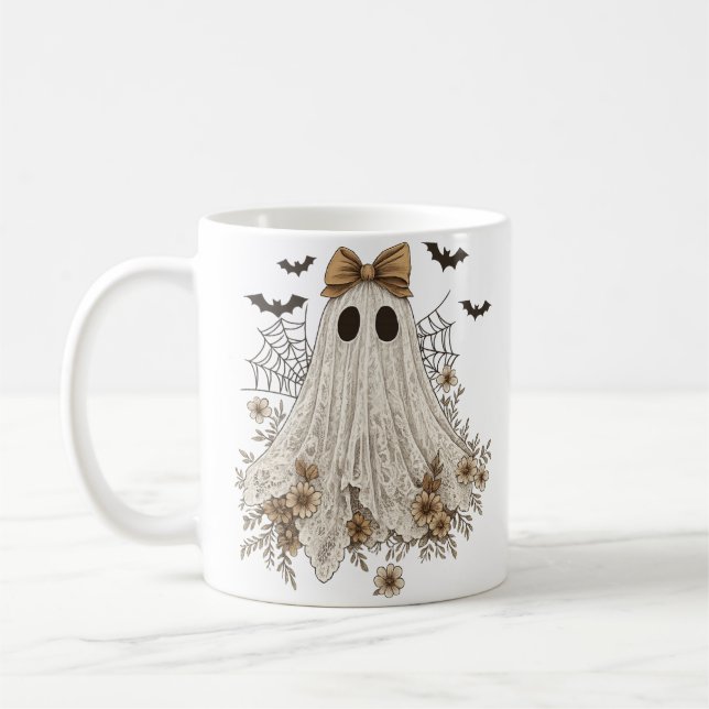 Elegant Snöre Ghost med Bow | Blommigt Ghost Kaffemugg (Vänster)