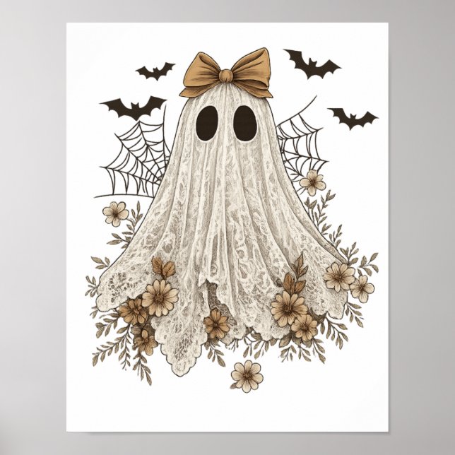 Elegant Snöre Ghost med Bow | Blommigt Ghost Poster (Framsidan)