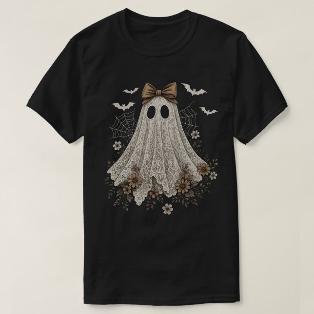 Elegant Snöre Ghost med Bow | Blommigt Ghost T Shirt (Design framsida)