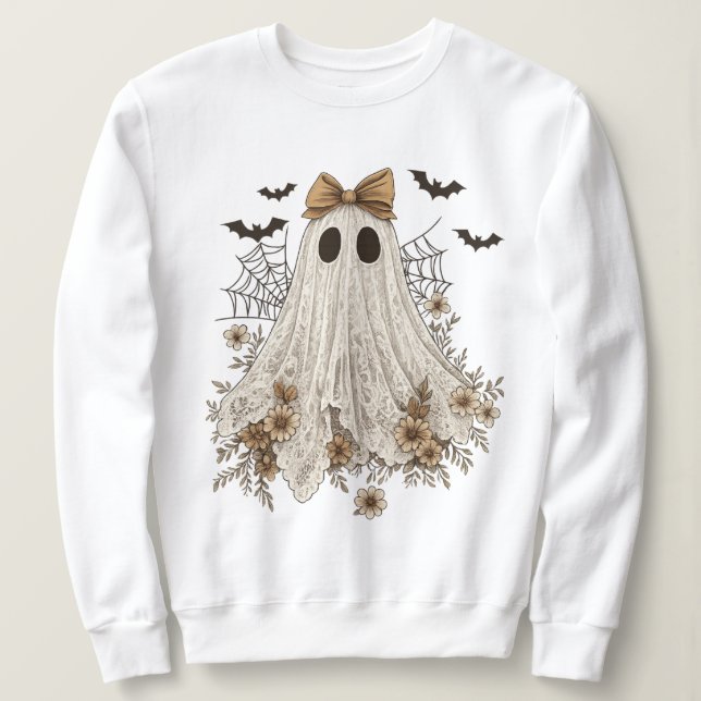 Elegant Snöre Ghost med Bow | Blommigt Ghost T Shirt (Design framsida)