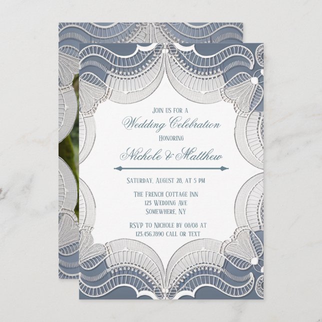 Elegant Snöre på foto av blå Bröllop Firande Inbjudningar (Fram/baksida)