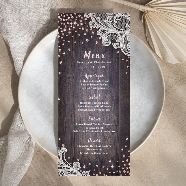 Elegant Snöre, rosa, bröllop, rustik Meny (Elegant Lace wood pink glitter rustic wedding menu)