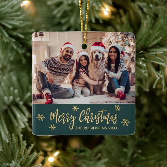 Elegant Snowflake Grönt och Guld Photo jul Julgransprydnad Keramik (Träd)