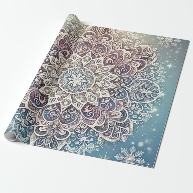 Elegant Snowflake Mandala i Frosty Hues Presentpapper (Utrullad)