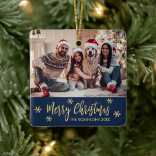 Elegant Snowflake Navy och Guld Photo jul Julgransprydnad Keramik